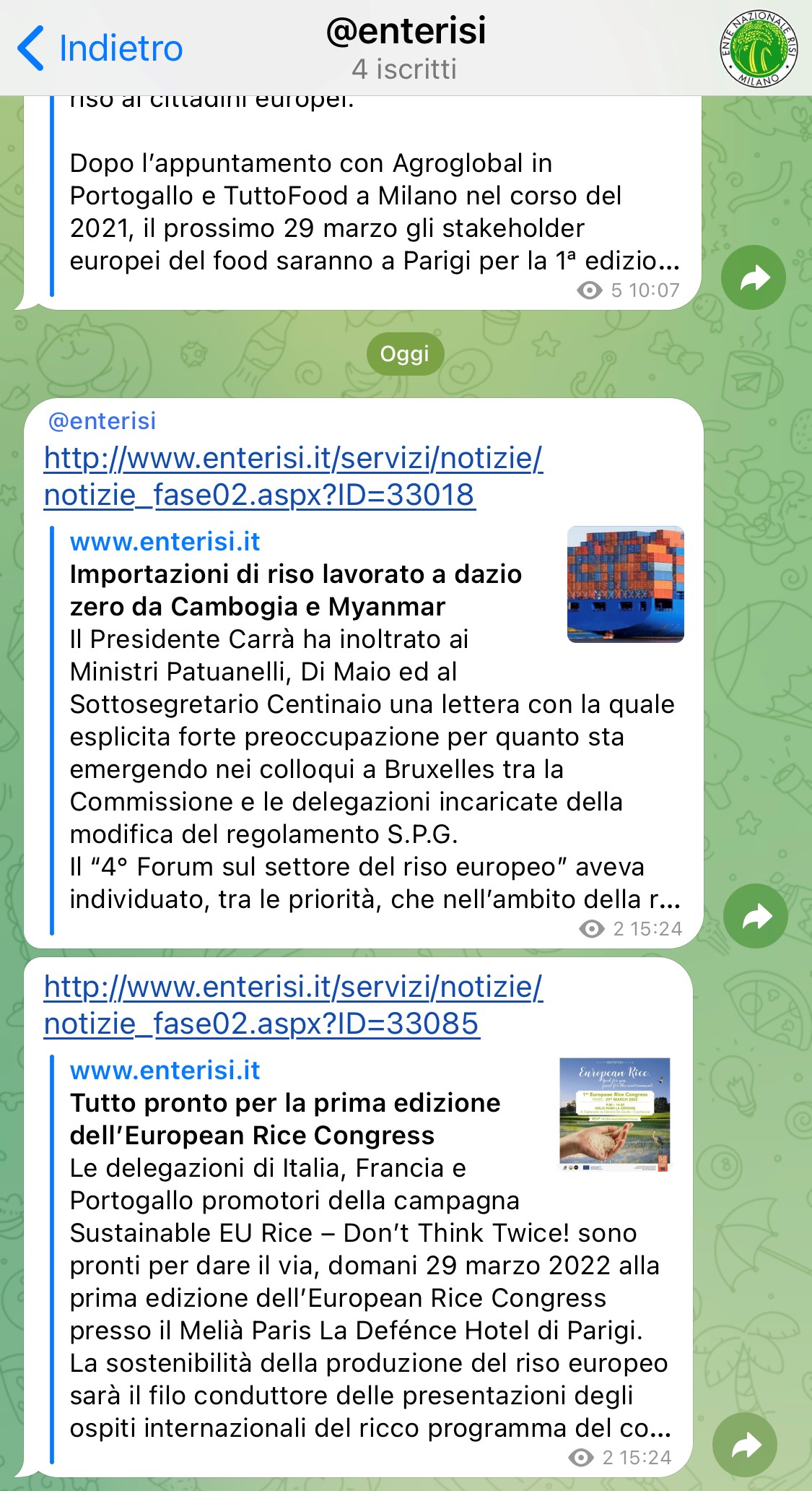 Le news dell'Ente Nazionale Risi direttamente sul cellulare con Telegram